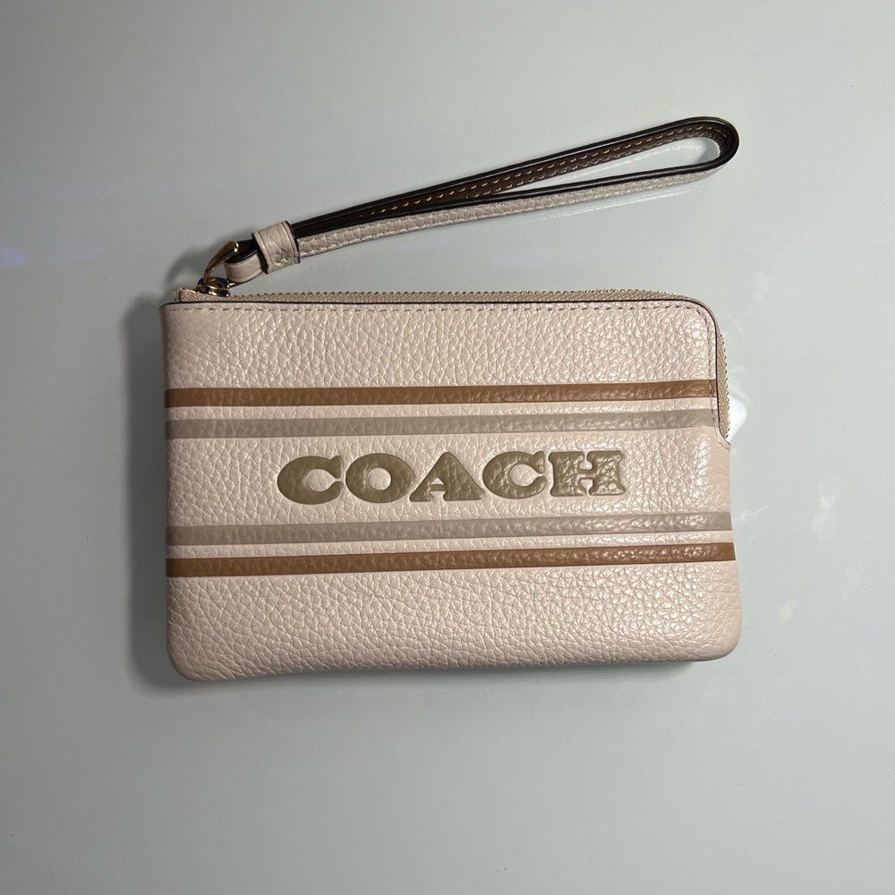 Coach Small Pebbled Leather Corner Zip Wristlet with Coach Stripe